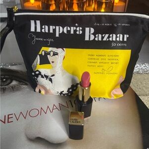 Estee Lauder Nude Lipstick with Vintage Harper's Bazaar Pouch style.